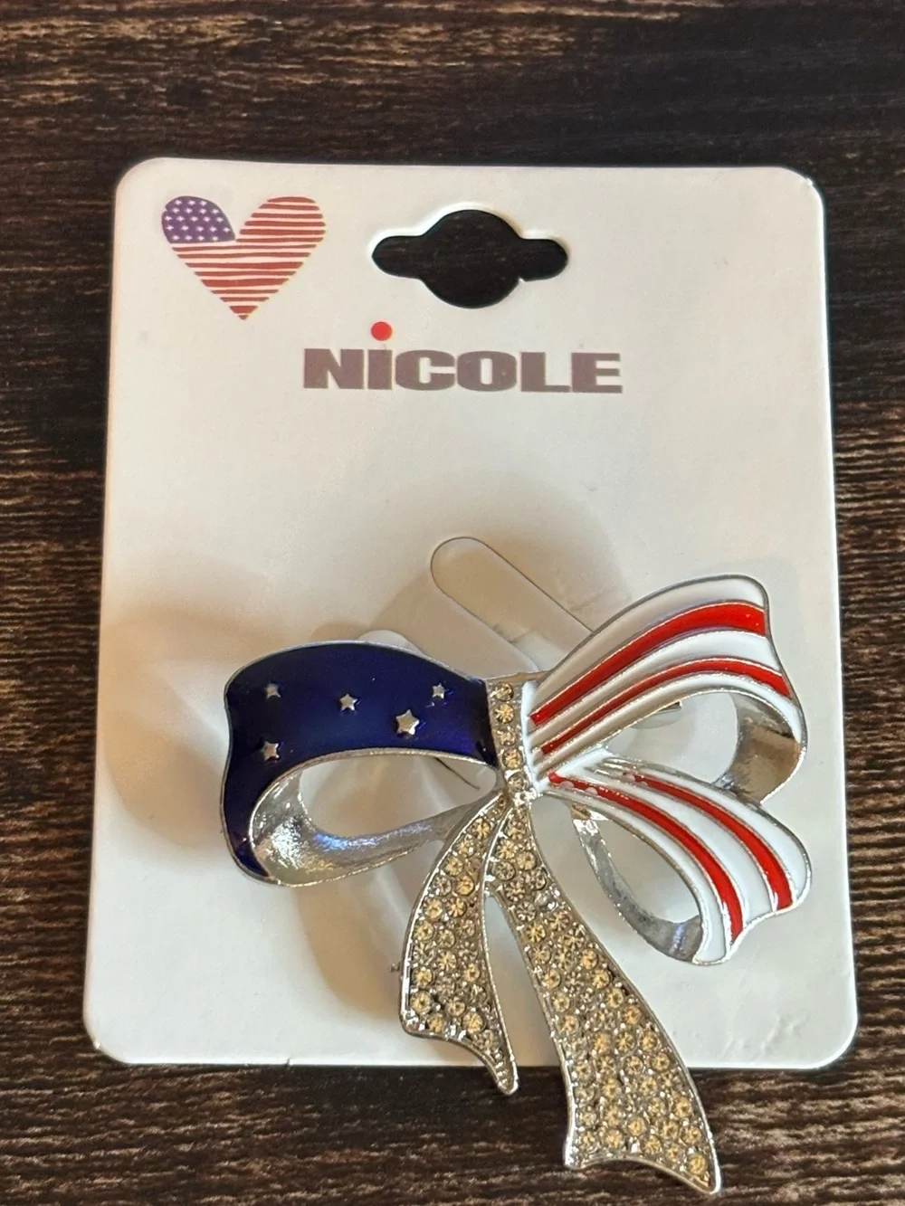 Patriotic Bow Brooch - Red, White &‎ Blue with Rhinestones in Silver Tone